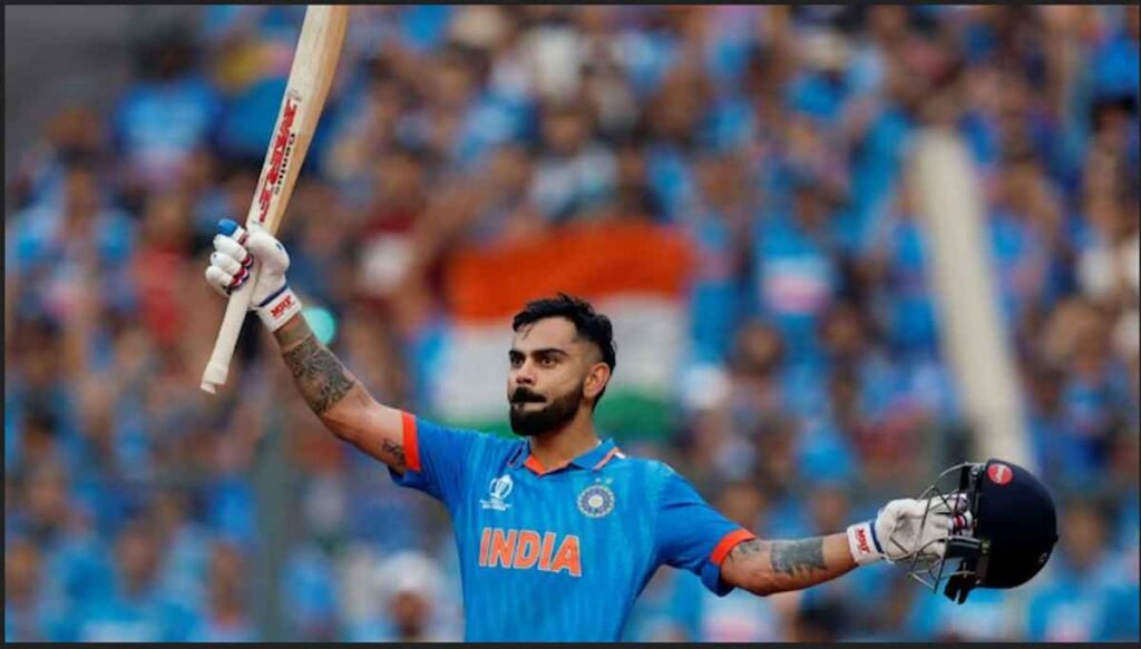 Virat Kohli raising his bat and helmet after scoring a century | Most Centuries for India in ODIs